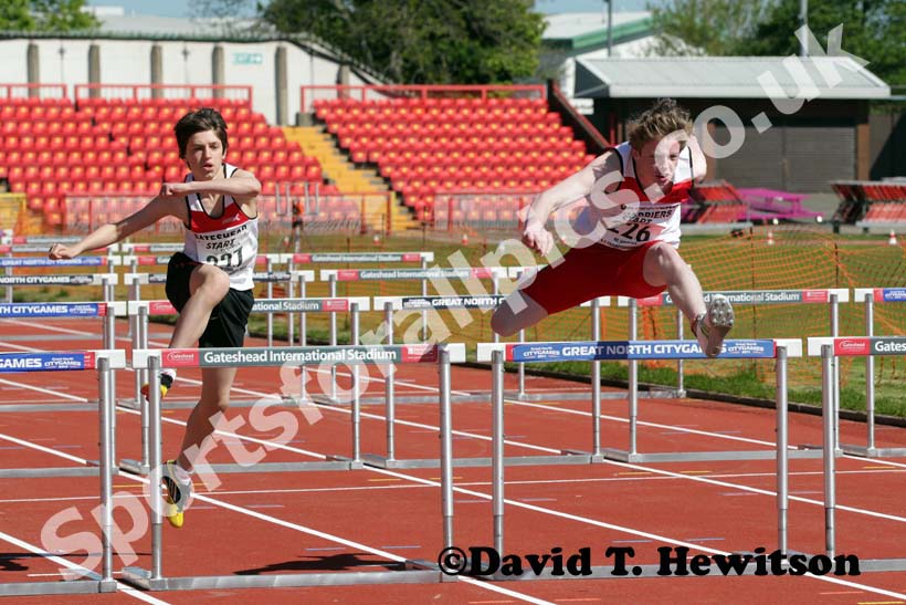 Alex Roney (Gateshead Harriers) winning the under-15s 80 metres hurdles.